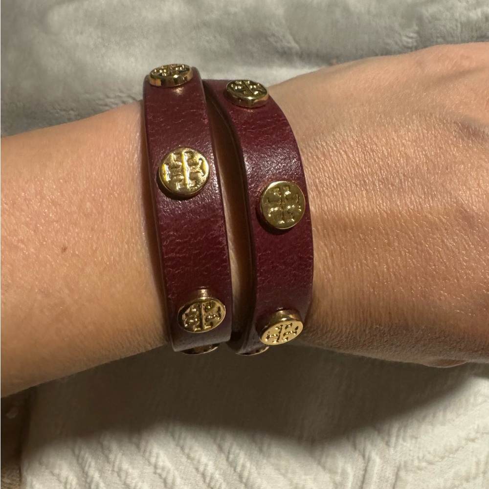 Tory Burch Double Wrap Logo Bracelet Maroon Gold - Small